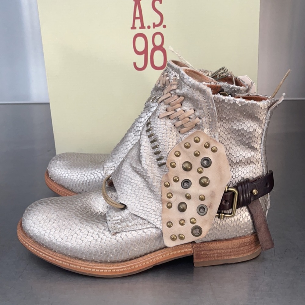 A.S.98 "VERANO" Studded silver reptile print leather boots.